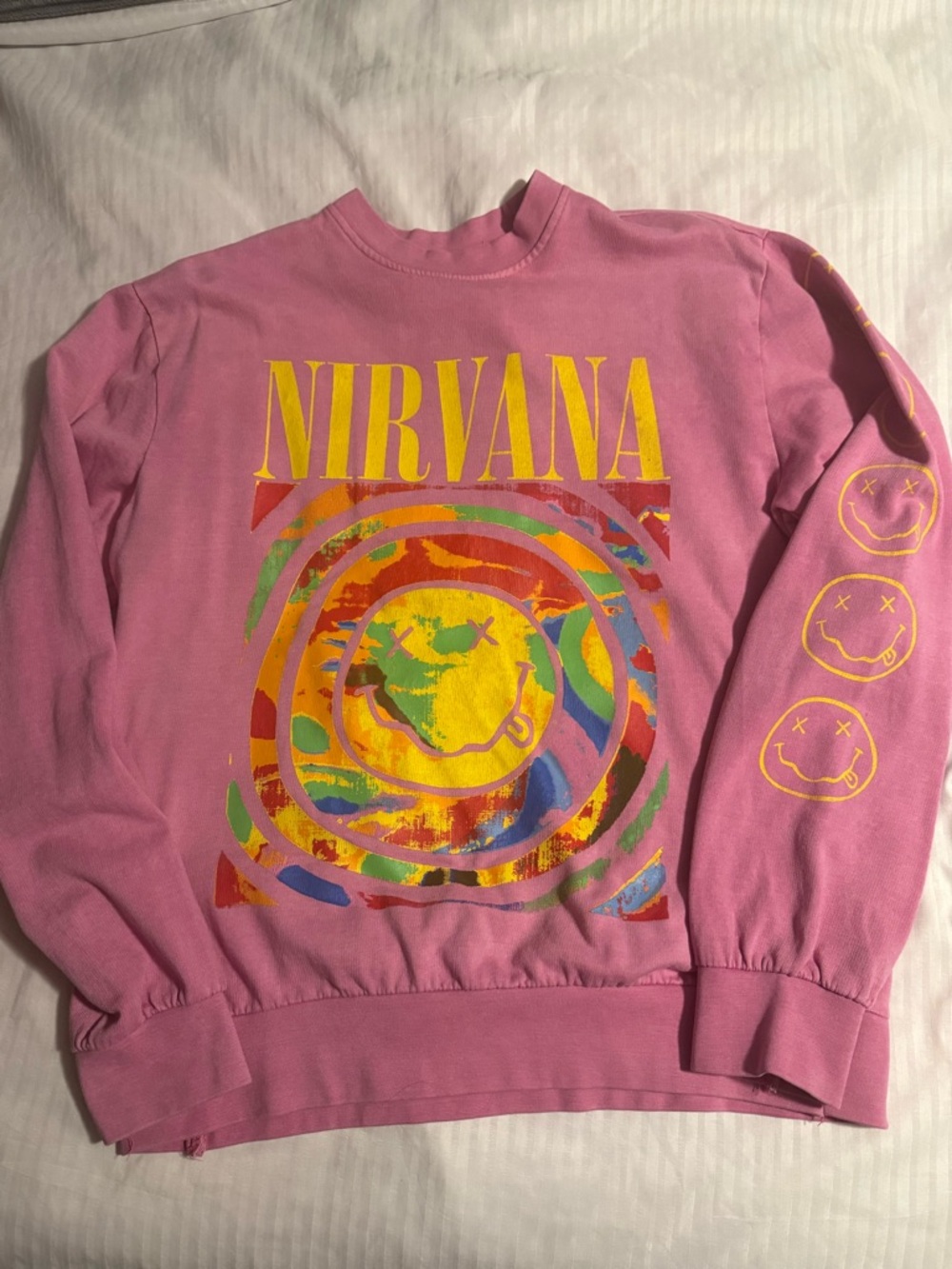 NIRVANA Pink Logo Smiley Tag Crewneck